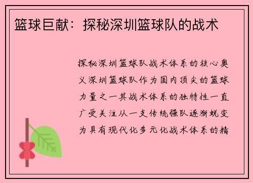 篮球巨献：探秘深圳篮球队的战术